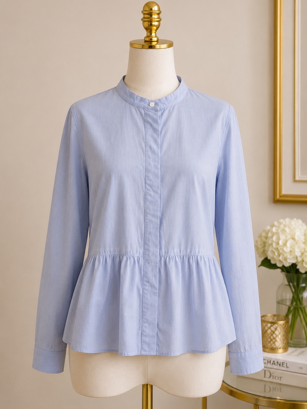 Madewell 100% Cotton Blue Peplum Button Front Blouse Size Large - Picture 3 of 8